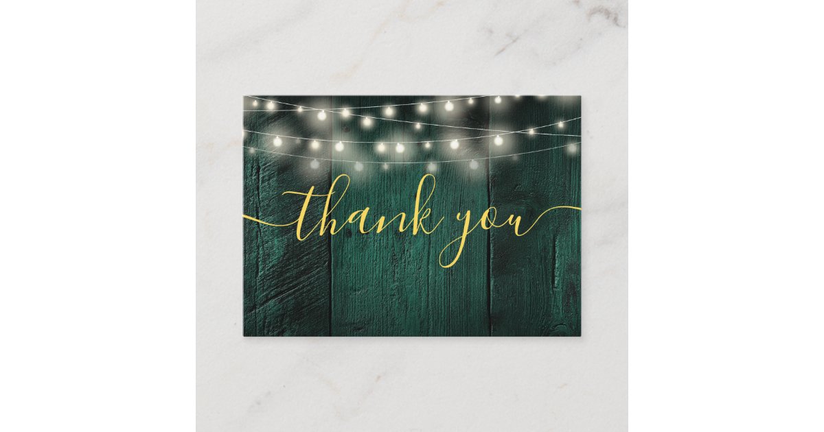 Green Rustic Wood String Lights Wedding Thank You Place Card | Zazzle