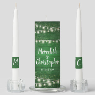 Green Rustic Wood String Lights Wedding Unity Candle Set