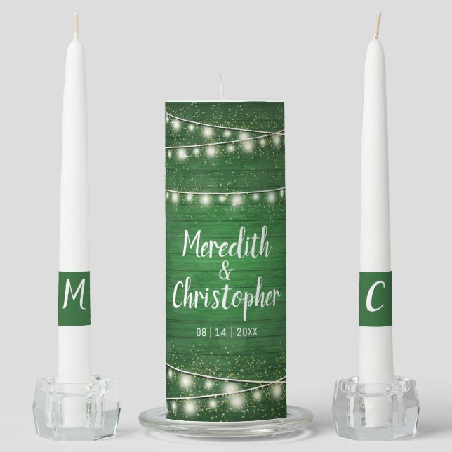 Green Rustic Wood String Lights Wedding Unity Candle Set (Front)