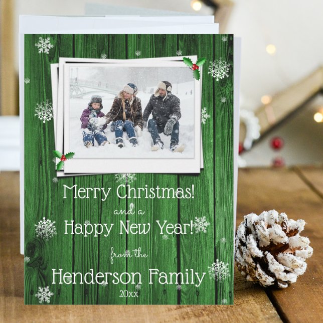 Green Rustic Wooden Flat Holiday Photo Card (Green Rustic Wooden Photo Christmas Card)