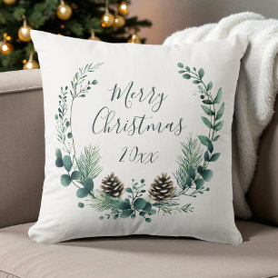 Green Rustic Wreath Farmhouse Merry Christmas Throw Pillow