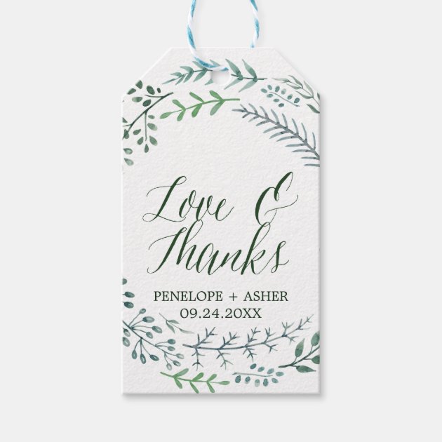 Green Rustic Wreath "Love & Thanks" Wedding Gift Tags