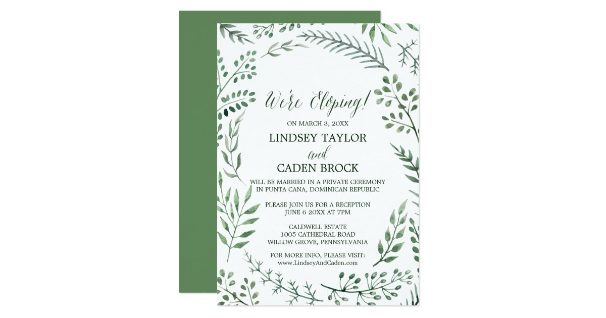 Green Rustic Wreath We're Eloping Reception Only Invitation | Zazzle.com