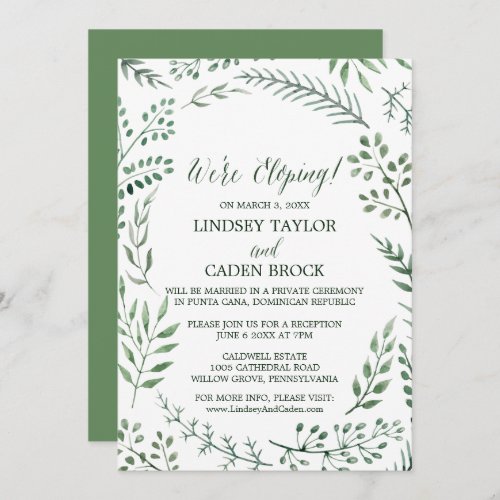 Green Rustic Wreath Were Eloping Reception Only Invitation