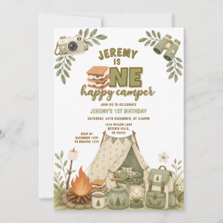 Green S’mores Camping Boy Camper Party Gingham Invitation