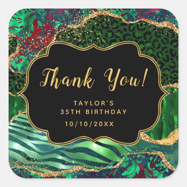 Green Safari Agate Birthday Thank You Square Sticker (Front)