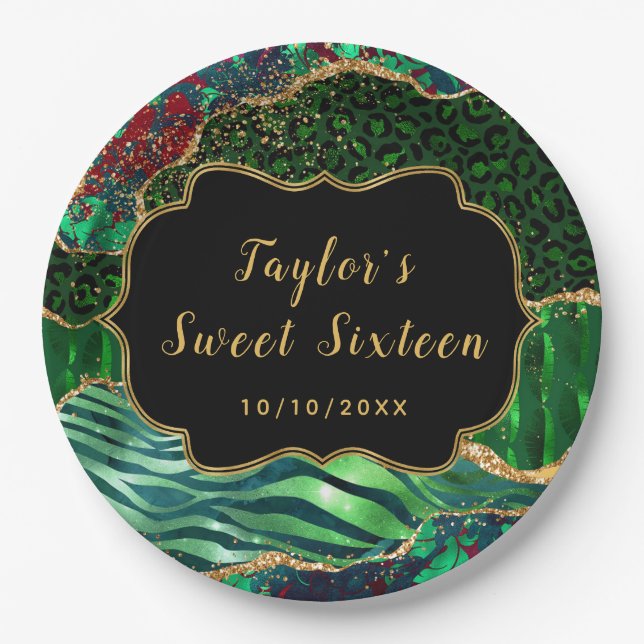 Green Safari Agate Sweet Sixteen Paper Plates (Front)