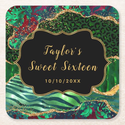Green Safari Agate Sweet Sixteen Square Paper Coaster