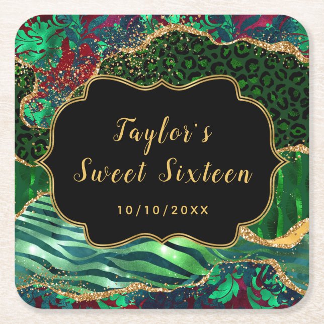 Green Safari Agate Sweet Sixteen Square Paper Coaster (Front)