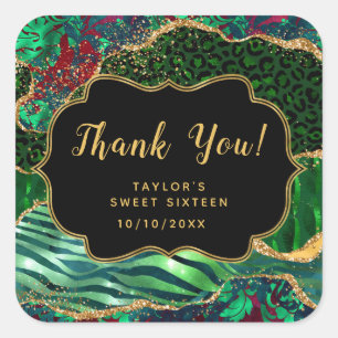Green Safari Agate Sweet Sixteen Thank You Square Sticker