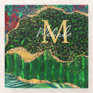 Green Safari Animal Print Agate Glass Coaster