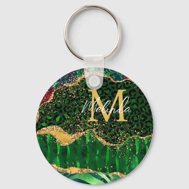 Green Safari Animal Print Agate Keychain (Front)