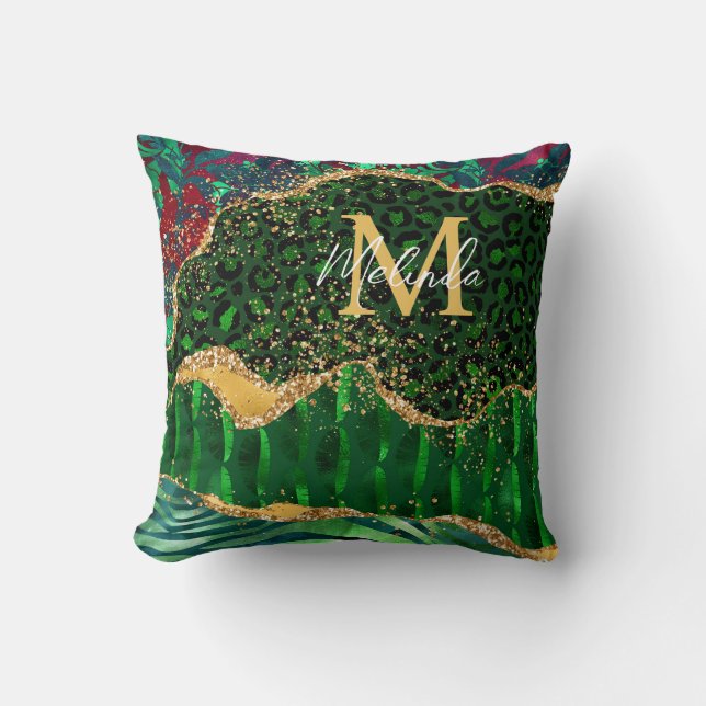 Green Safari Animal Print Agate Throw Pillow (Front)