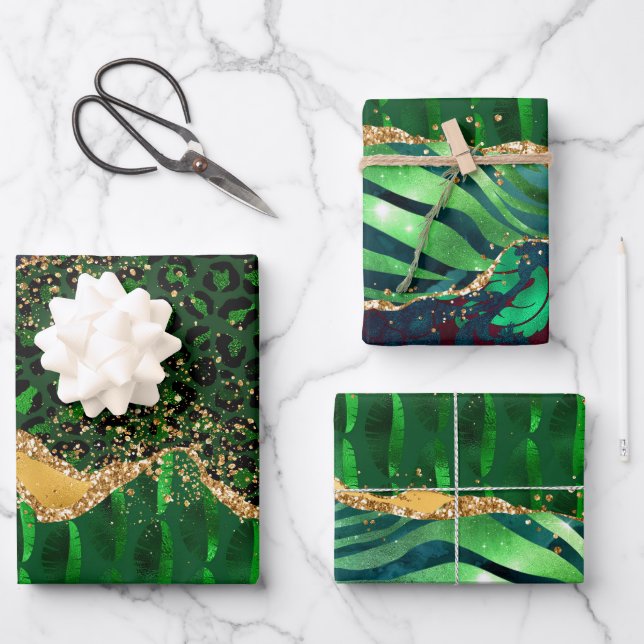 Green Safari Animal Print Agate Wrapping Paper Sheets (Front)