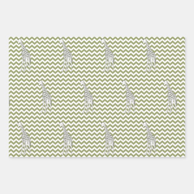 Green Safari Chevron with Pop Art Giraffe Wrapping Paper Sheets (Front)