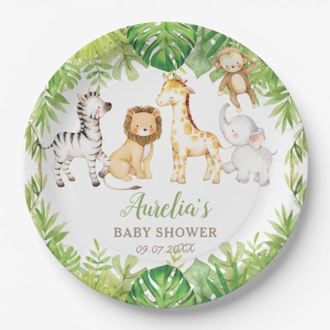 Green Safari Forest Jungle Animals Baby Shower  Paper Plates (Front)