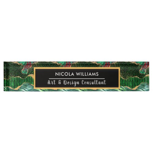 Green Safari Jungle Animal Print Agate Desk Name Plate