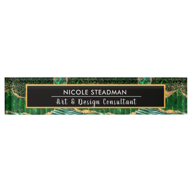 Green Safari Jungle Animal Print Agate Desk Name Plate (Front)