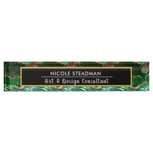 Green Safari Jungle Animal Print Agate Desk Name Plate (Front)