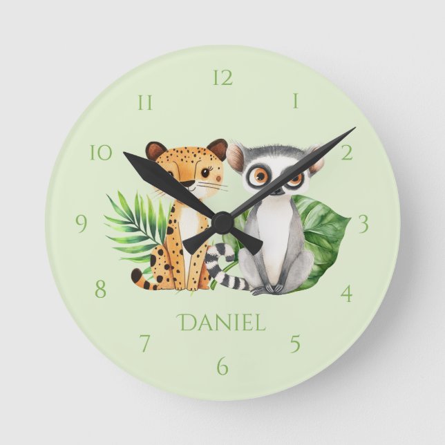  Green Safari Leppard & Monkey Child's Wall Clock (Front)