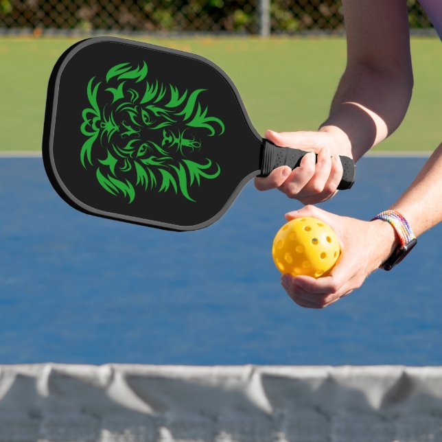 Green Safari Lion Head Tribal Art Pickleball Paddle (Insitu)
