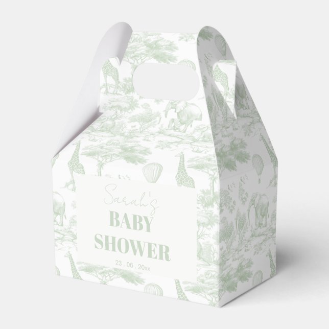 Green Safari Toile D Jouy Jungle Theme Baby Shower Favor Boxes (Front Side)