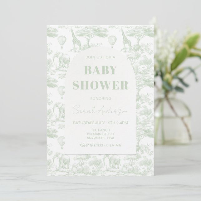 Green Safari Toile D Jouy Jungle Theme Baby Shower Invitation (Standing Front)