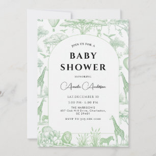 Green Safari Toile De Jouy Boy Baby Shower Invitation