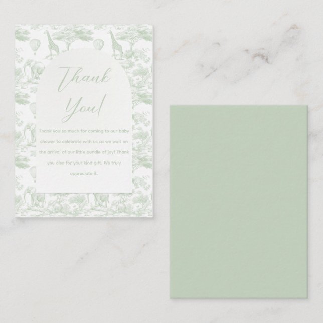 Green Safari Toile Jungle Baby Shower Thank You Note Card (Front/Back)