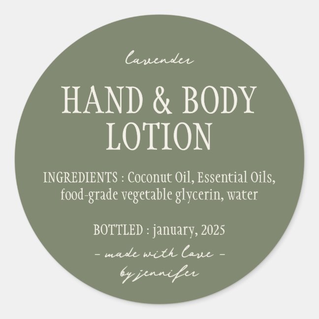 Green Sage Bottle Hand Body Lotion Ingredients Classic Round Sticker