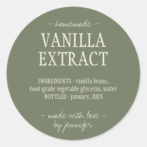 Green Sage Bottle Homemade drink Vanilla Extract Classic Round Sticker
