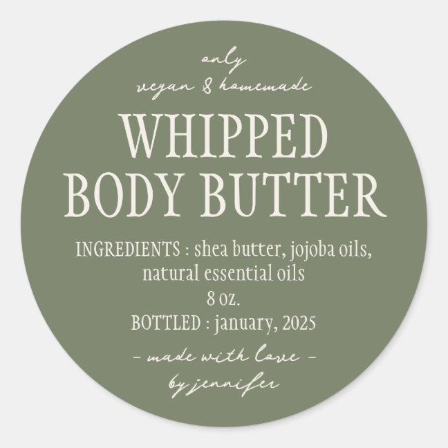 Green Sage Bottle Whipped Body Butter Ingredients Classic Round Sticker