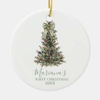 Green Sage Bow Pine Trees First Christmas Ceramic Ornament