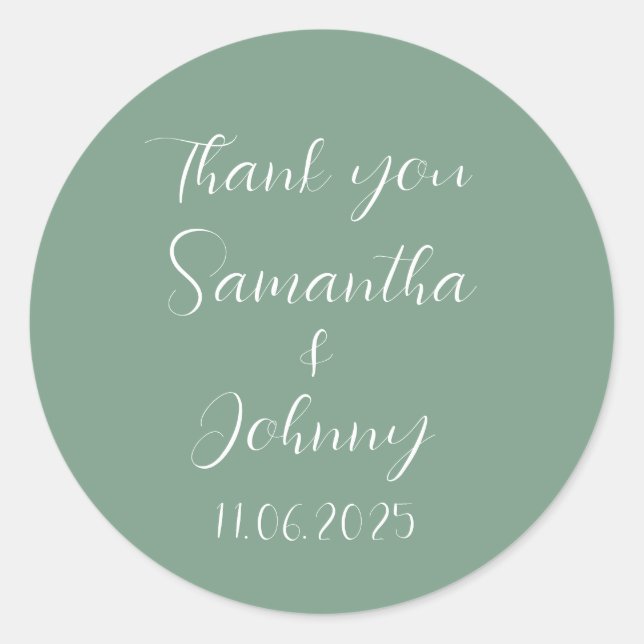 Green Sage Calligraphy Elegant Couple Wedding Classic Round Sticker (Front)