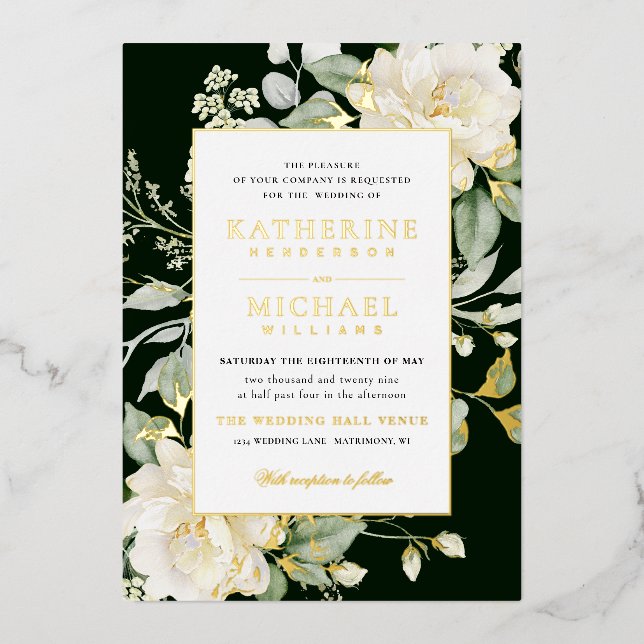 Green Sage Eucalyptus Rose Ivory & QRcode Wedding Foil Invitation (Front)