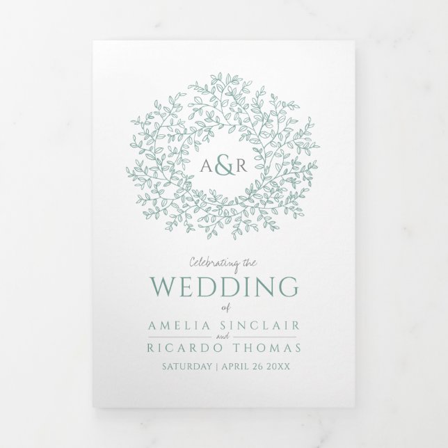 Green sage leaf monogram art photo wedding program (Cover)