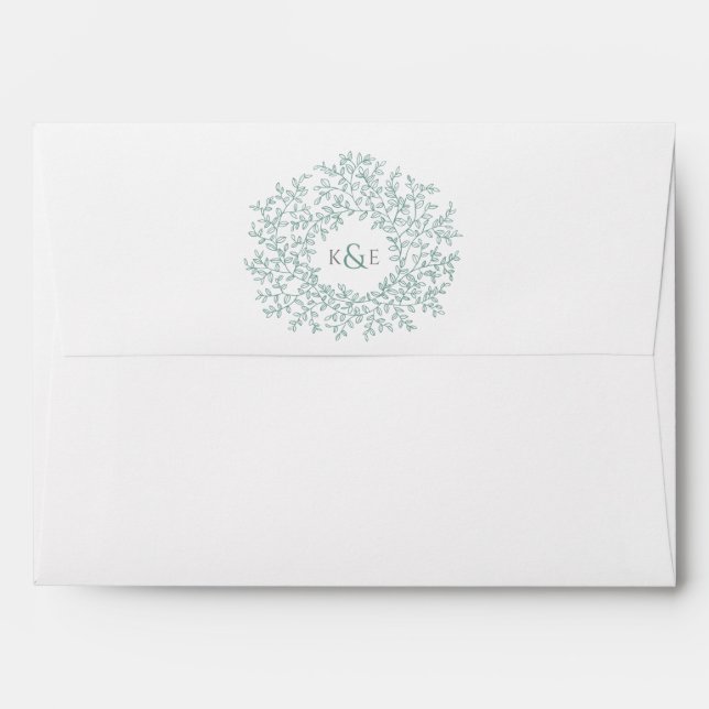 Green sage leaf monogram art wedding envelope (Back (Top Flap))