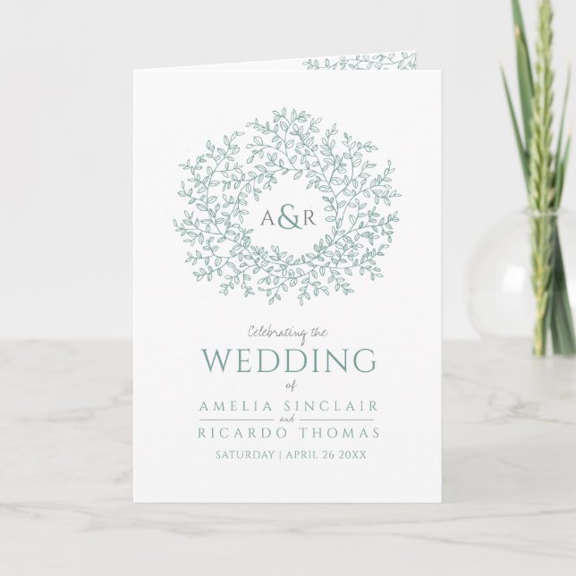 Green sage leaf monogram art wedding program (Front)