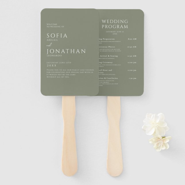 Green Sage Minimalist Elegant Wedding Programs Hand Fan (Front and Back)