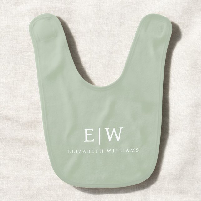 Green Sage Modern Script Girly Monogram Name Baby Bib (Creator Uploaded)