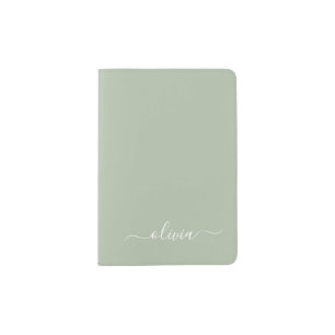 Green Sage Modern Script Girly Monogram Name Passport Holder