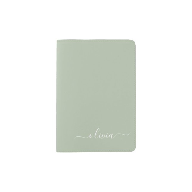 Green Sage Modern Script Girly Monogram Name Passport Holder (Front)