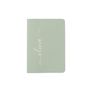 Green Sage Modern Script Girly Monogram Name Passport Holder