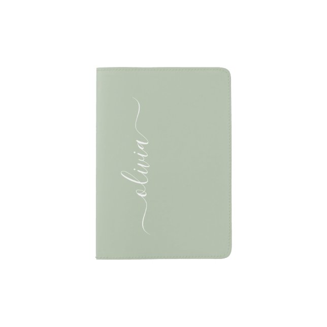 Green Sage Modern Script Girly Monogram Name Passport Holder (Front)