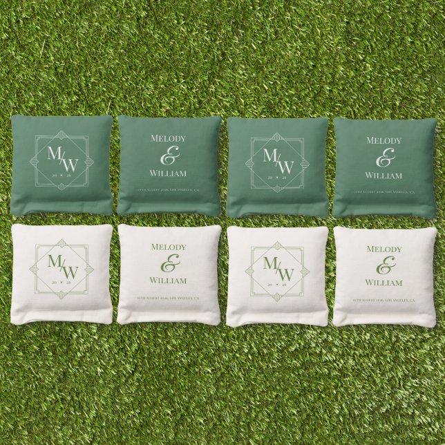 Green Sage Monogram Wedding Cornhole Bags (Set)
