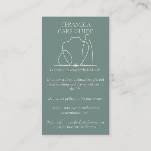 Green Sage Pottery Vase Ceramic Care Instruction Business Card