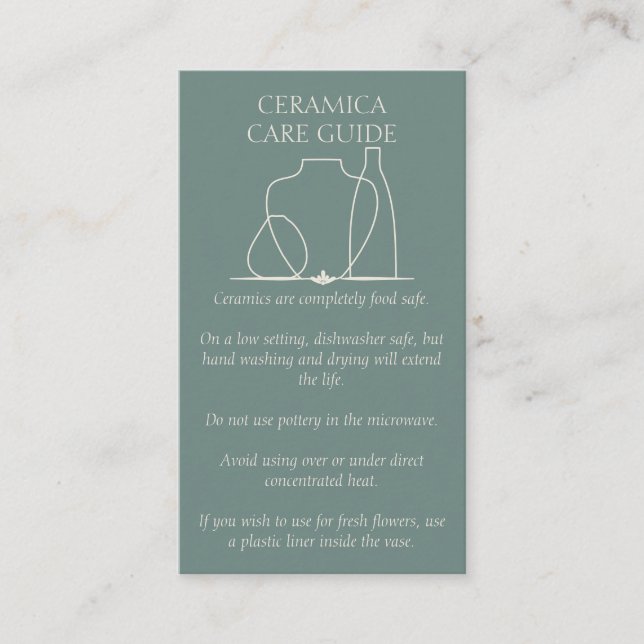 Green Sage Pottery Vase Ceramic Care Instruction Business Card (Front)