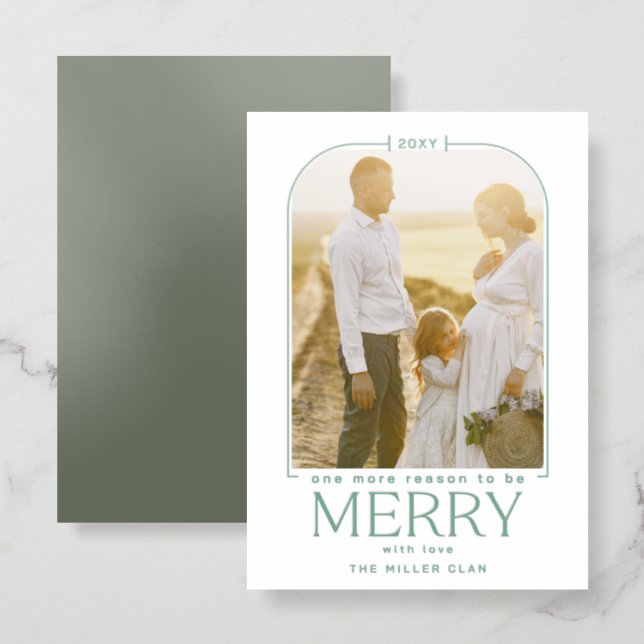 Green Sage Reason to be Merry Pregnancy Holiday  Letterpress Photo Cards (Front/Back)