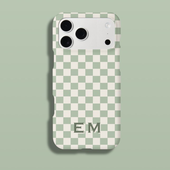 Green Sage Sand Earth Checkerboard Checker Initial iPhone Case (Sage Green Checked Phone Case with Custom Initials)