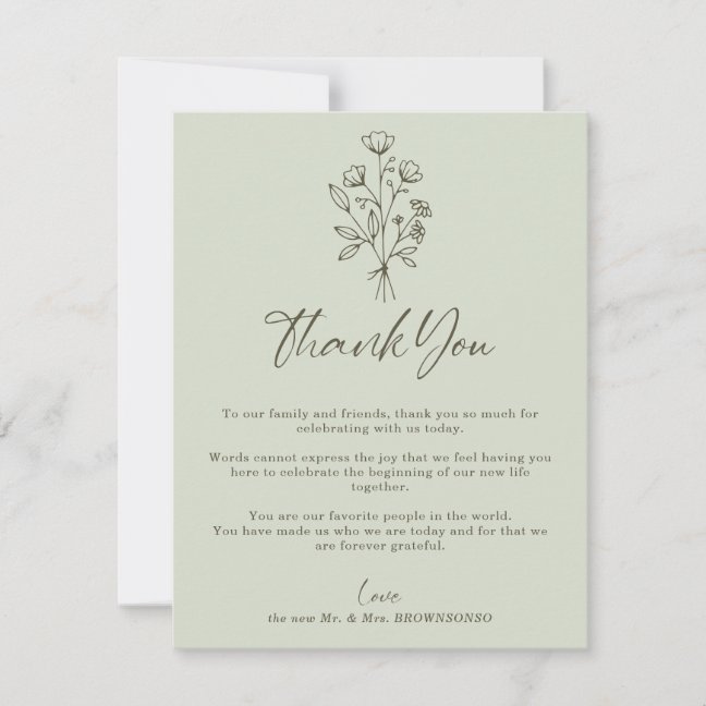 Green Sage Soft Bouquet Fall Boho Botanical Thank You Card